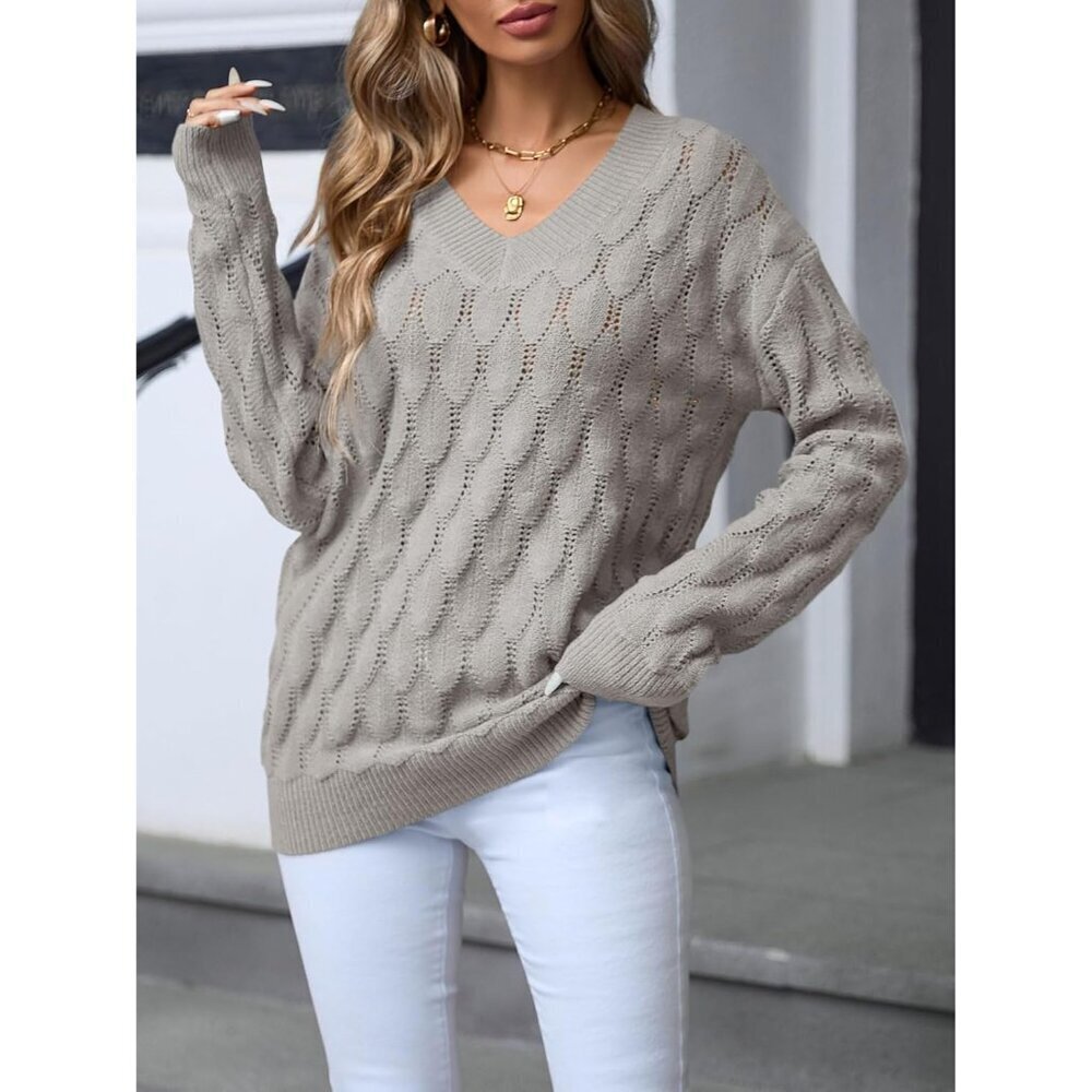Women's V Neck Knit Sweater Lightweight Long Sleeve Casual Pullover - Picture 3 of 5